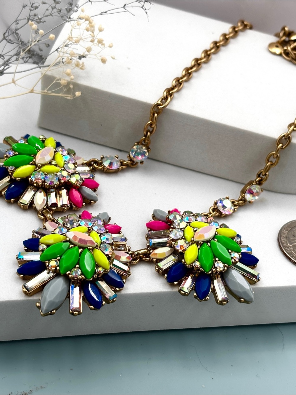 J.Crew vintage Gold tone multi color crystal statement necklace - Picture 2 of 10